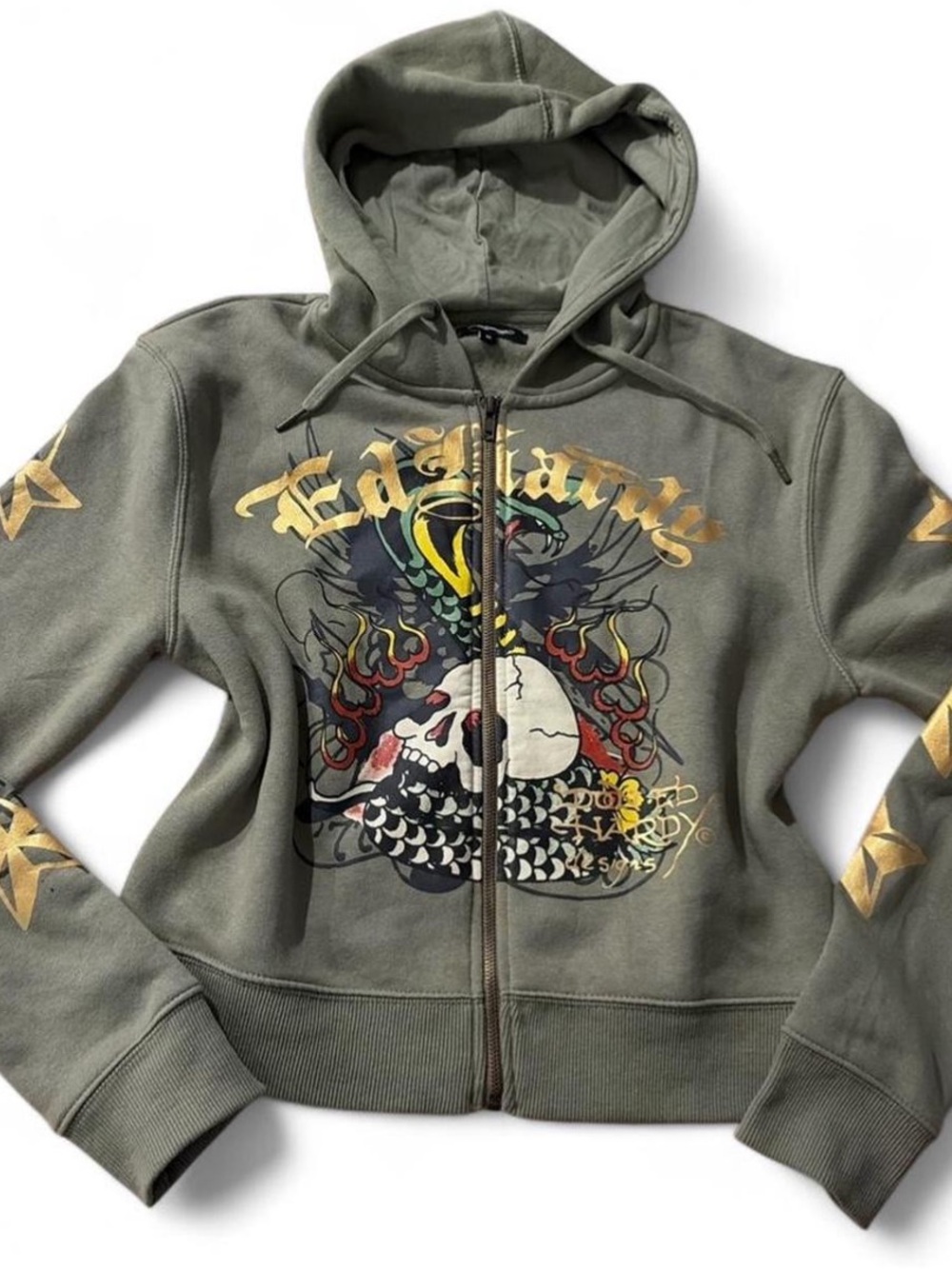 ✨ Ed Hardy Y2K Style Tattoo Graphic Full Zip Hoodie Olive Green Grunge McBling